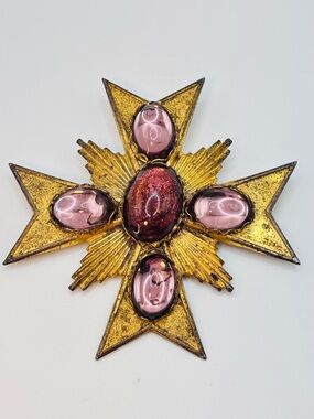 Rare Miriam Haskell Purple Poured Glass Maltese Cross Brooch Gold Tone Vintage